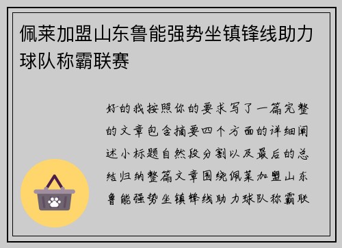 佩莱加盟山东鲁能强势坐镇锋线助力球队称霸联赛